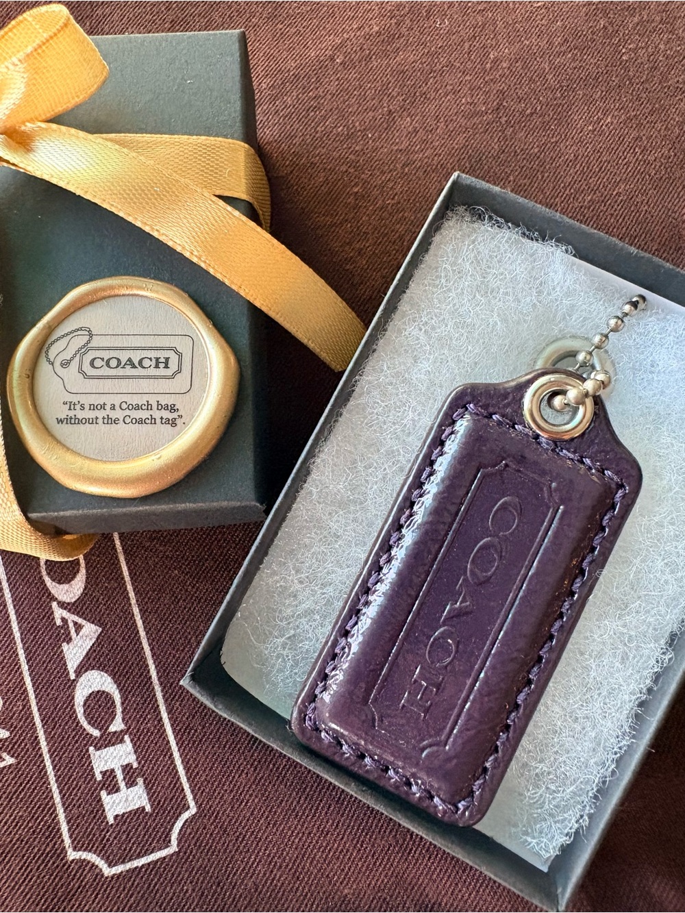 Y2K 2.25” Coach Plum Vintage Patent Leather Hang Tag Bag Charm with Ball Chain